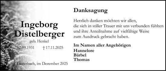 Traueranzeige von Ingeborg Distelberger von Lauterbacher Anzeiger, Lauterbacher Anzeiger