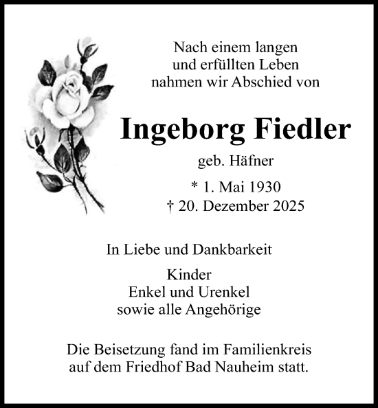 Traueranzeige von Ingeborg Fiedler von Wetterauer Zeitung