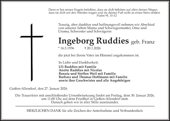 Traueranzeige von Ingeborg Ruddies von Giessener Allgemeine, Alsfelder Allgemeine