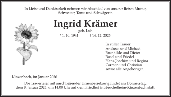 Traueranzeige von Ingrid Krämer von Giessener Anzeiger, Giessener Allgemeine, Alsfelder Allgemeine