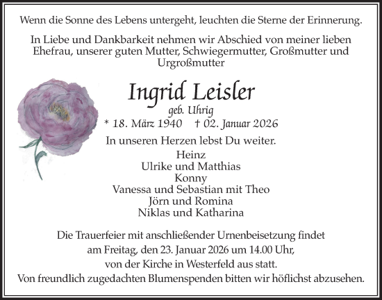 Traueranzeige von Ingrid Leisler von Usinger Anzeiger