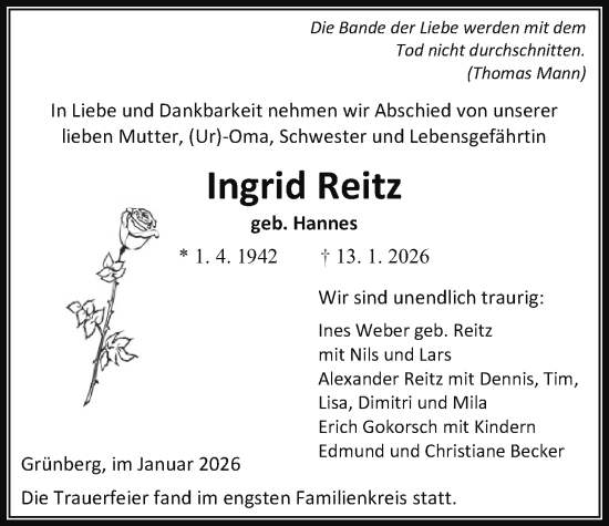 Traueranzeige von Ingrid Reitz von Heimatzeitung Grünberg + Laubach