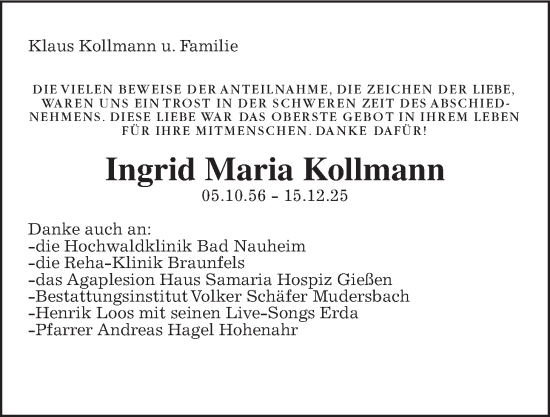 Traueranzeige von Ingrid Maria Kollmann von Giessener Anzeiger