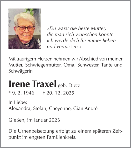 Traueranzeige von Irene Traxel von Giessener Allgemeine, Alsfelder Allgemeine