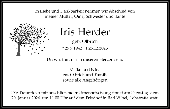 Traueranzeige von Iris Herder von Bad Vilbel/Karben