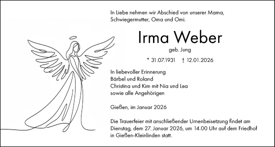 Traueranzeige von Irma Weber von Giessener Anzeiger, Giessener Allgemeine, Alsfelder Allgemeine