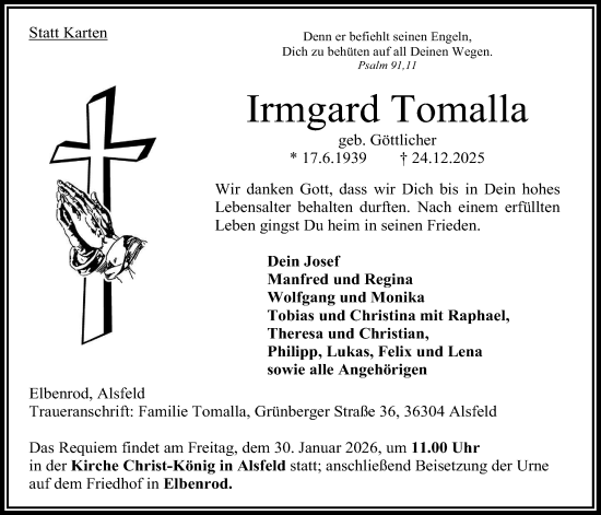 Traueranzeige von Irmgard Tomalla von Oberhessische Zeitung