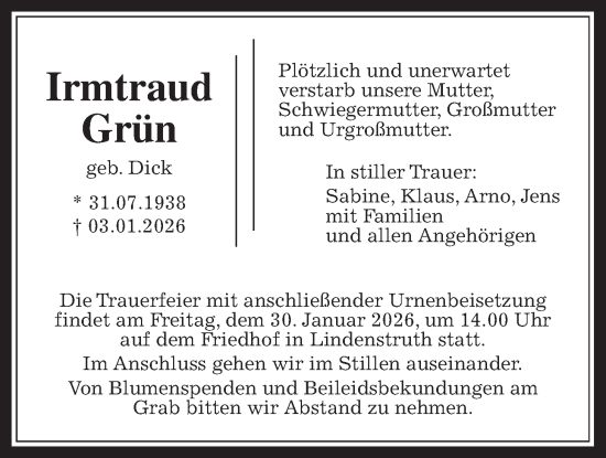 Traueranzeige von Irmtraud Grün von Giessener Anzeiger
