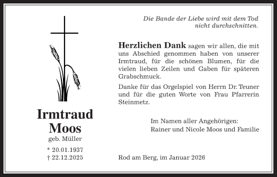Traueranzeige von Irmtraud Moos von Usinger Anzeigenblatt