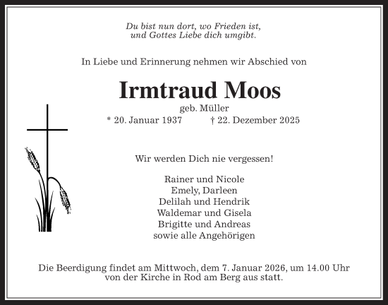 Traueranzeige von Irmtraud Moos von Usinger Anzeigenblatt