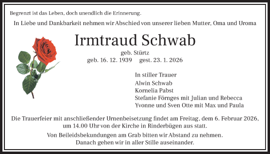 Traueranzeige von Irmtraud Schwab von Kreis-Anzeiger