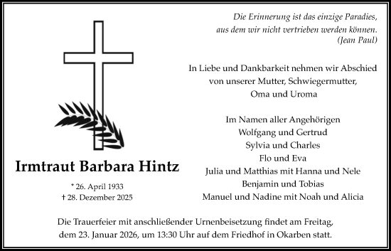 Traueranzeige von Irmtraut Barbara Hintz von Bad Vilbel/Karben