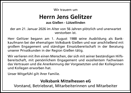 Traueranzeige von Jens Gelitzer von Giessener Allgemeine, Alsfelder Allgemeine, Giessener Anzeiger
