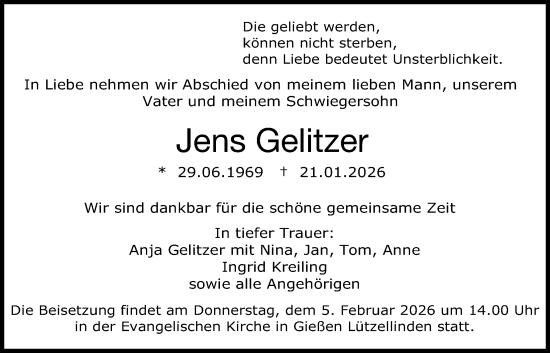 Traueranzeige von Jens Gelitzer von Giessener Anzeiger
