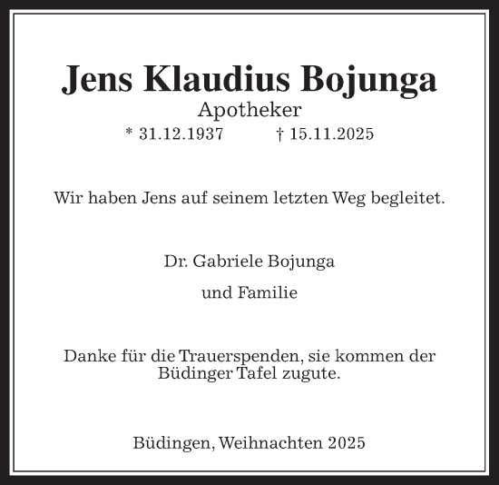 Traueranzeige von Jens Klaudius Bojunga von Kreis-Anzeiger, Kreis-Anzeiger