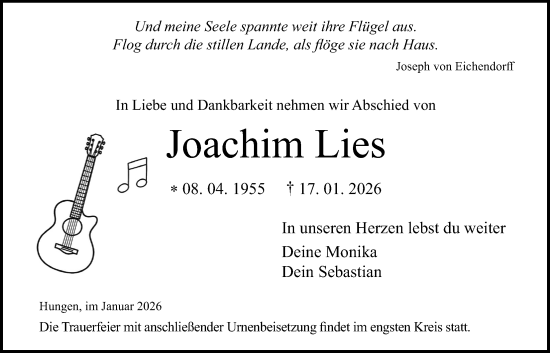 Traueranzeige von Joachim Lies von Licher Wochenblatt