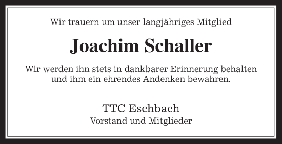 Traueranzeige von Joachim Schaller von Usinger Anzeiger