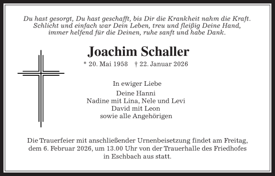 Traueranzeige von Joachim Schaller von Usinger Anzeigenblatt