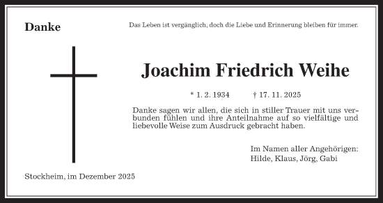Traueranzeige von Joachim Friedrich Weihe von Kreis-Anzeiger