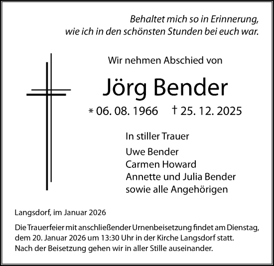 Traueranzeige von Jörg Bender von Licher Wochenblatt