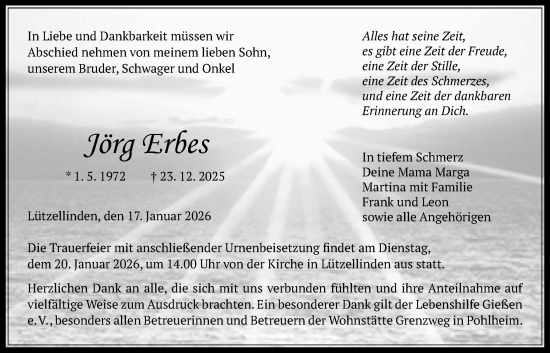Traueranzeige von Jörg Erbes von Giessener Anzeiger, Giessener Allgemeine, Alsfelder Allgemeine