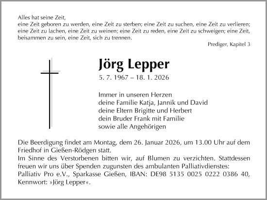 Traueranzeige von Jörg Lepper von Giessener Anzeiger, Giessener Allgemeine, Alsfelder Allgemeine