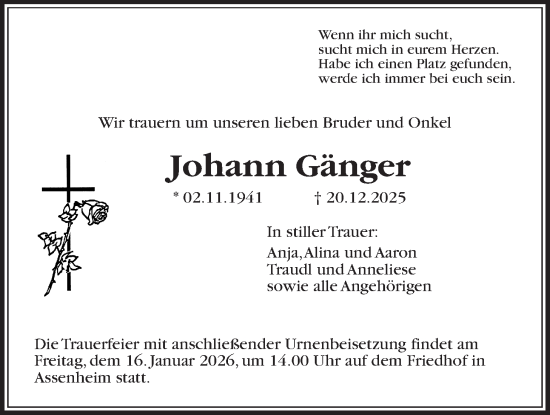 Traueranzeige von Johann Gänger von Wetterauer Zeitung
