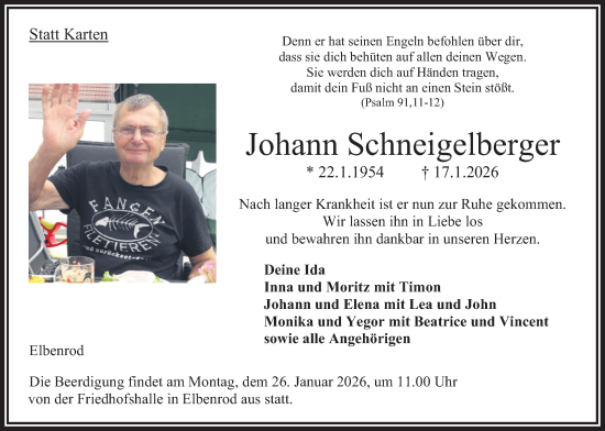 Traueranzeige von Johann Schneigelberger 