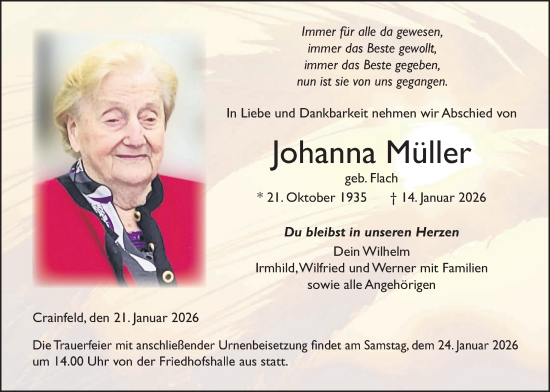 Traueranzeige von Johanna Müller von Lauterbacher Anzeiger