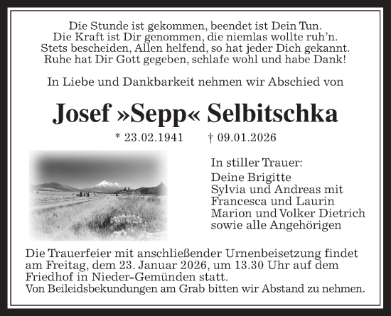 Traueranzeige von Josef Selbitschka von Oberhessische Zeitung, Alsfelder Allgemeine