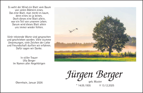 Traueranzeige von Jürgen Berger von Usinger Anzeiger
