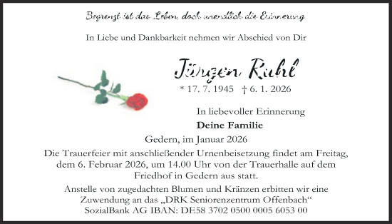 Traueranzeige von Jürgen Ruhl von Kreis-Anzeiger