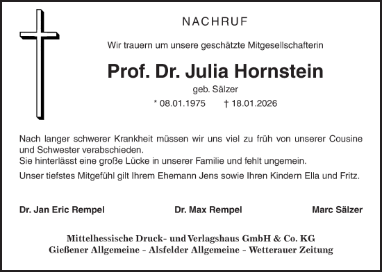 Traueranzeige von Julia Hornstein von Giessener Allgemeine, Alsfelder Allgemeine, Giessener Anzeiger