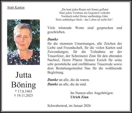 Traueranzeige von Jutta Böning von Oberhessische Zeitung