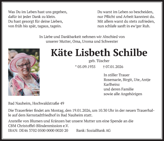 Traueranzeige von Käte Lisbeth Schilbe von Wetterauer Zeitung