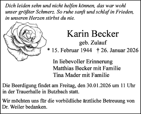Traueranzeige von Karin Becker von Butzbacher Zeitung