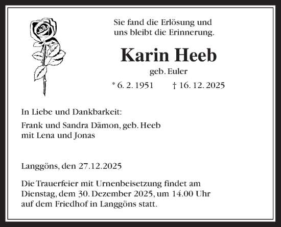 Traueranzeige von Karin Heeb von Giessener Allgemeine, Alsfelder Allgemeine, Giessener Allgemeine, Alsfelder Allgemeine