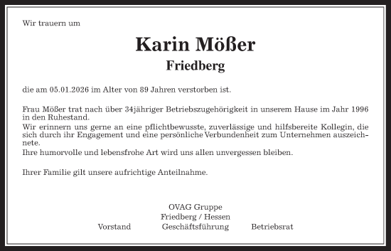 Traueranzeige von Karin Mößer von Wetterauer Zeitung
