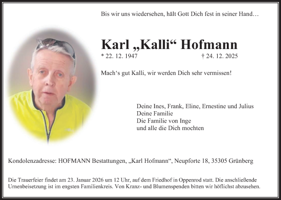 Traueranzeige von Karl Hofmann von Giessener Anzeiger, Giessener Allgemeine, Alsfelder Allgemeine