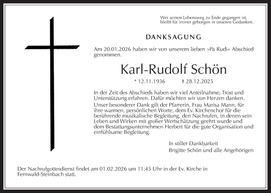 Traueranzeige von Karl-Rudolf Schön von Giessener Allgemeine, Alsfelder Allgemeine, Giessener Anzeiger