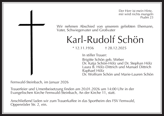 Traueranzeige von Karl-Rudolf Schön von Giessener Anzeiger, Giessener Allgemeine, Alsfelder Allgemeine
