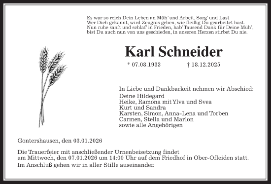 Traueranzeige von Karl Schneider von Oberhessische Zeitung, Alsfelder Allgemeine