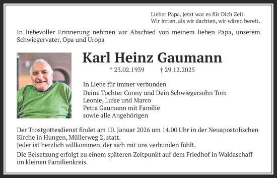 Traueranzeige von Karl Heinz Gaumann von Licher Wochenblatt