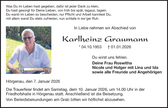 Traueranzeige von Karlheinz Graumann von Lauterbacher Anzeiger