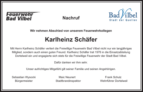 Traueranzeige von Karlheinz Schäfer von Bad Vilbel/Karben