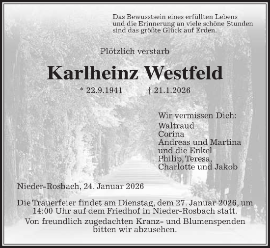 Traueranzeige von Karlheinz Westfeld von Wetterauer Zeitung
