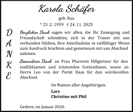 Traueranzeige von Karola Schäfer von Kreis-Anzeiger