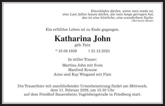 Traueranzeige von Katharina John von Wetterauer Zeitung