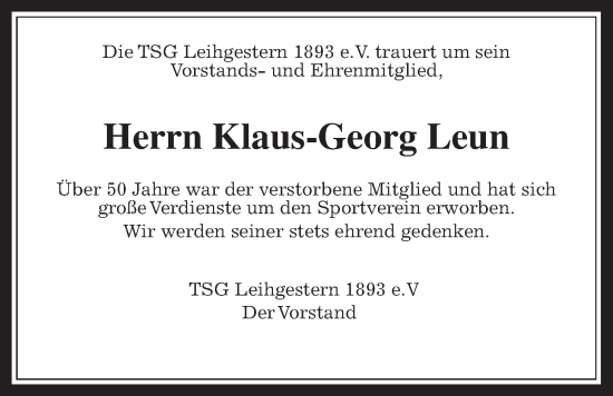 Traueranzeige von Klaus-Georg Leun von Giessener Allgemeine, Alsfelder Allgemeine