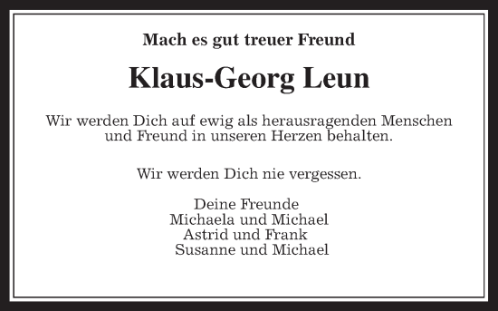 Traueranzeige von Klaus-Georg Leun von Giessener Allgemeine, Alsfelder Allgemeine